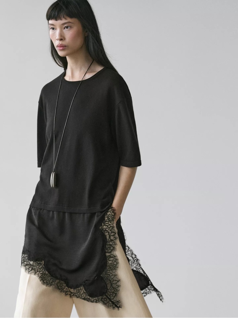 Massimo Dutti Women’s Black Lace-Trim Relaxed Top